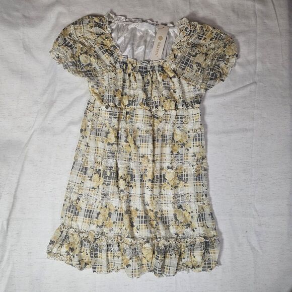 Dresses & Skirts - Mini Milkmaid Babydoll Puff Sleeve Dress M Sheer Lace Floral Plaid Twee Yellow